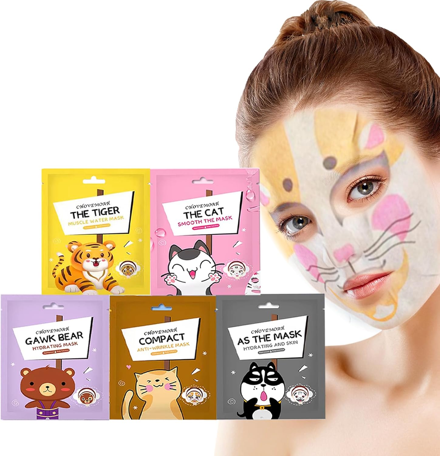 Sheet Mask - Face Mask Set for Teenage Girls - Fun Animal Printed Sheet Face Masks - With Tiger and Cat Easy Use Face Mask Gift Set - Hydrating, Brighten, Soothe - Face Masks for All Skin Types (5)