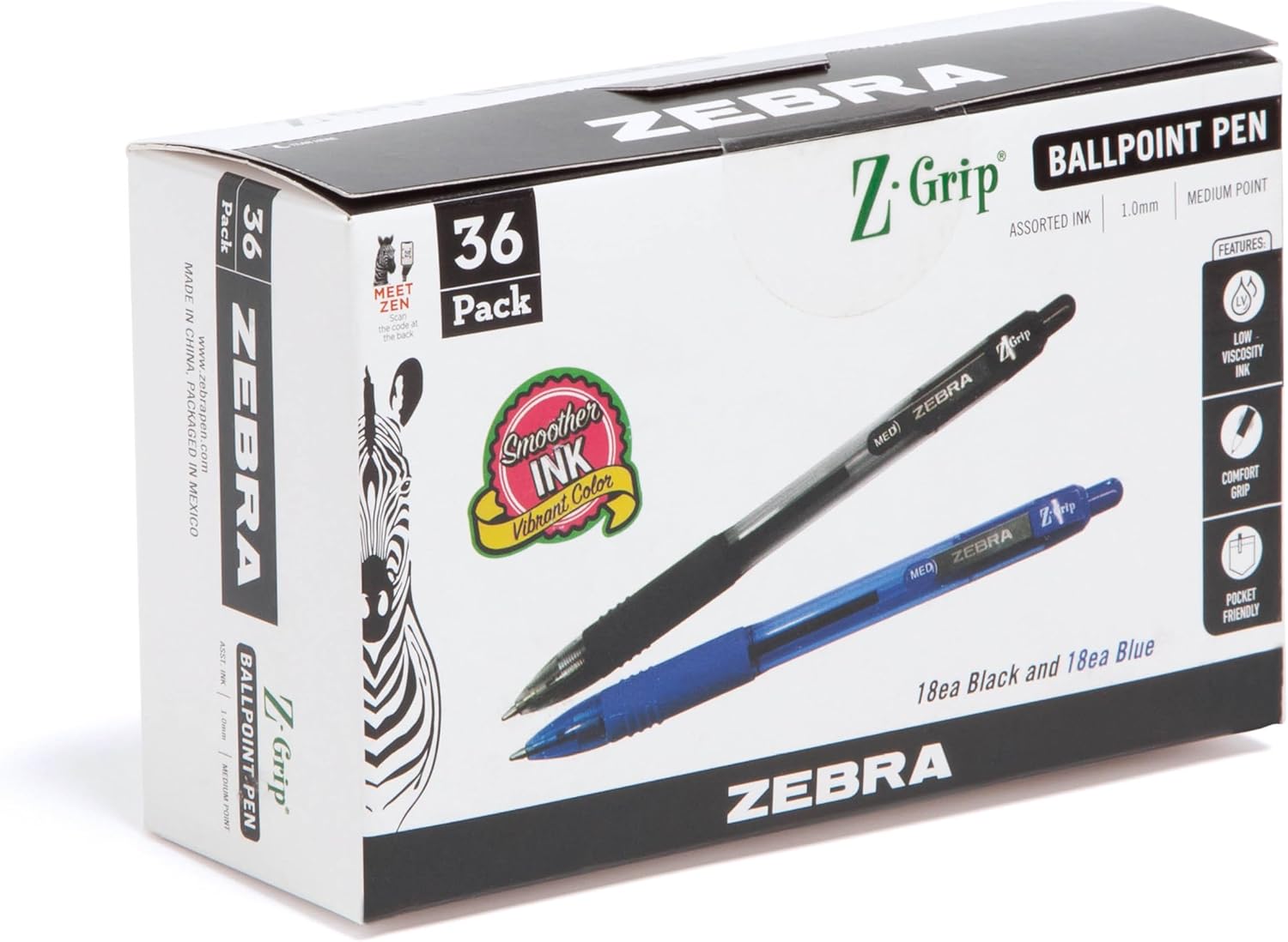 Zebra Pen Z-Grip Retractable Ballpoint Pen, Medium Point, 1.0mm, Blue and Black Ink, 36-Pack