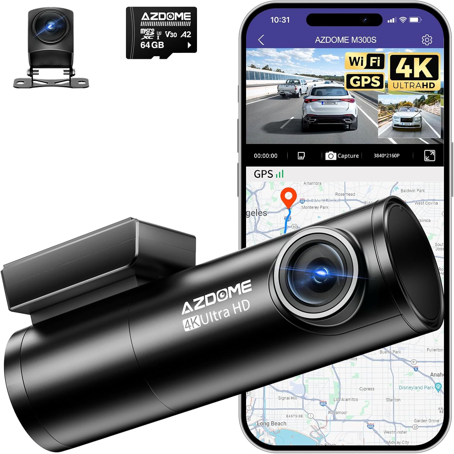 AZDOME 4K Dash Cam Front and Rear, WiFi GPS, Dual Car Camera, Mini Dashcam for Cars with 64GB SD Card, 24H Parking Mode, ADAS, Night Vision, WDR, 170° Wide Angle, G-Sensor, App Control, Max 256GB