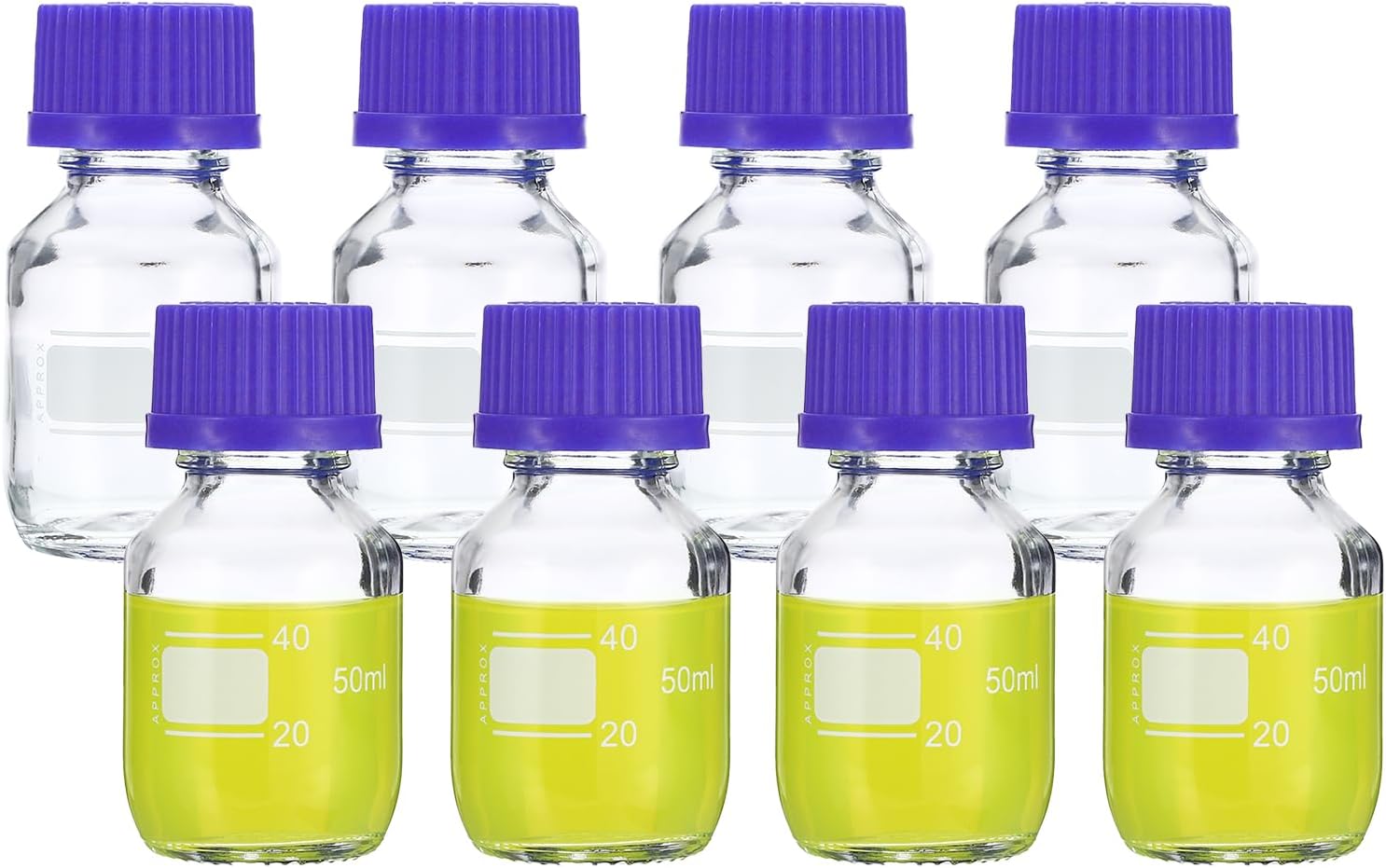 PATIKIL 8 Pack Reagent Media Storage Bottles, 50ml Borosilicate Glass Graduated Round Bottles with GL32 Blue Screw Cap for Lab Water Reagent Liquids, Clear