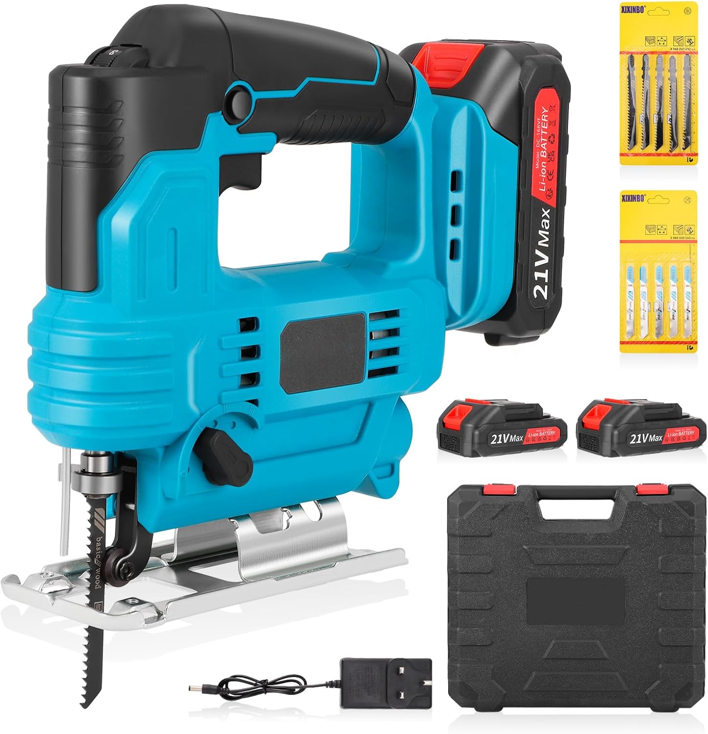 Cordless Jigsaw 21V 600W with 4 Orbital Setting, 3000SPM, 2x2Ah Battery, 6 Variable Speed, ±45° Bevel Cutting Angle, 10Pcs Blades, Electric Jigsaw for Wood Metal Cutting, with Charger & Carrying Case