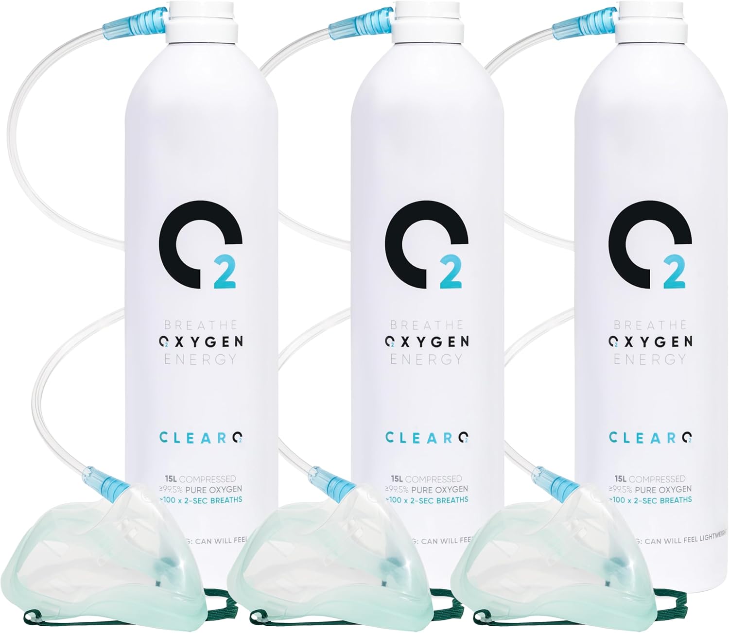 ClearO2 15L Oxygen Can with Mask and Tube | Pure Breathing Oxygen in a Lightweight Aluminium Canister | Made in Britain (Full Kit, 15 l (Pack of 3))