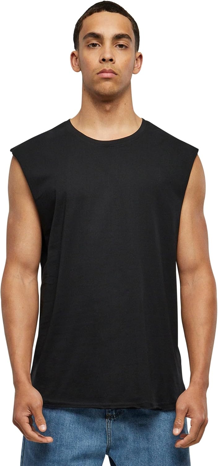 Urban Classics Men's Sleeveless T-Shirt Workout Vest with Round Neckline and Rolled Hems, Loose Tank Top, 100% Jersey Cotton, Black, Size: Small