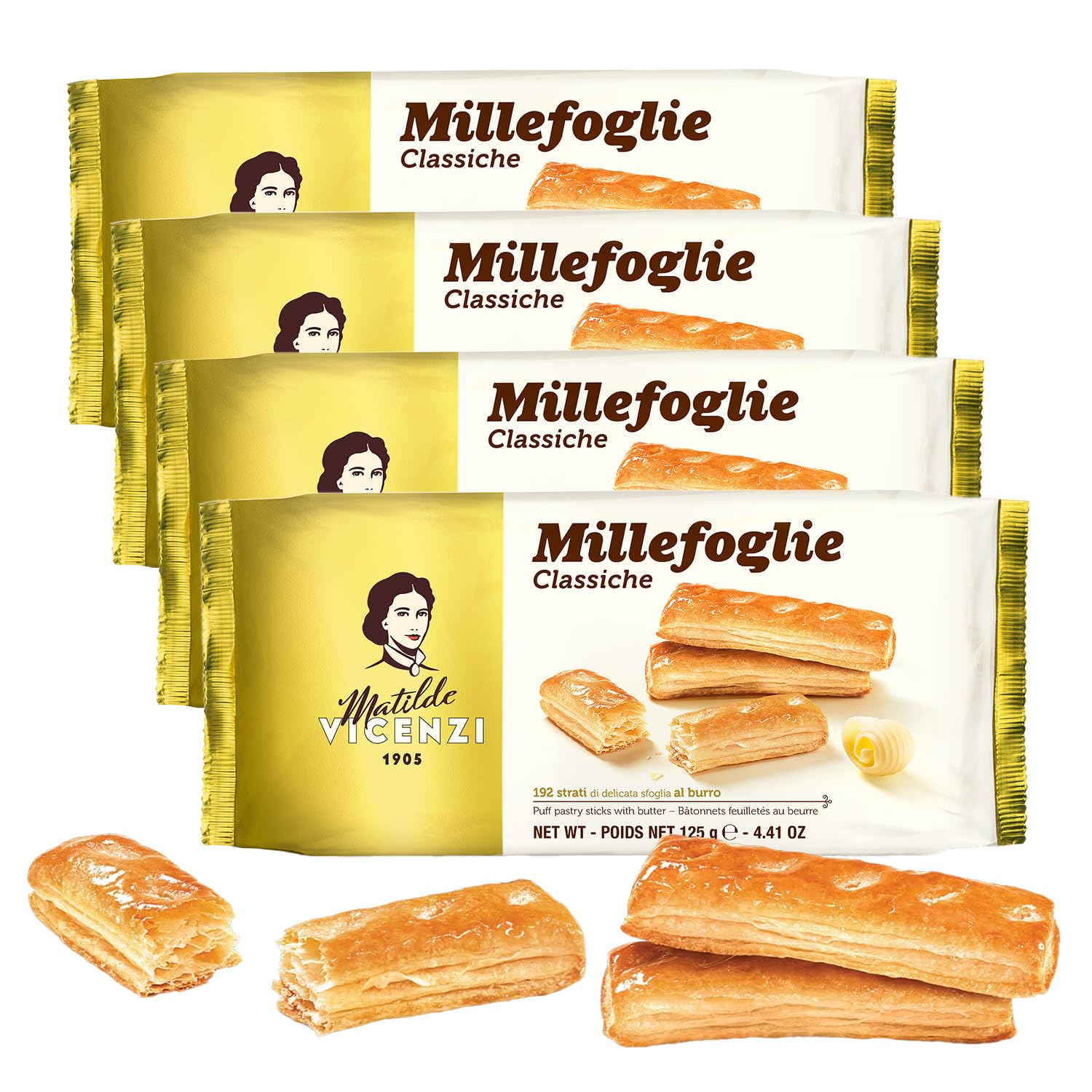 Millefoglie D'Italia Classiche by Pasticceria Matilde Vicenzi, Gourmet Italian Puff Pastry Cookies, Made in Italy - 4.41oz (125g), 4-Pack
