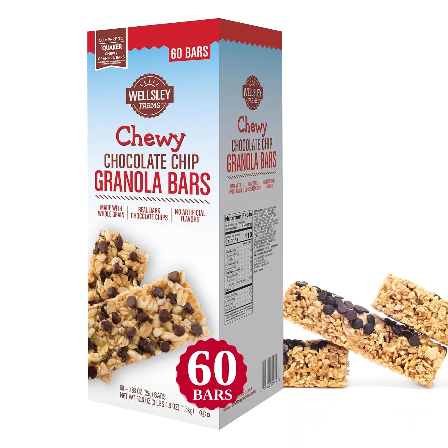 Wellsley Farms Chewy Chocolate Chip Granola Bars - No High-Fructose Corn Syrup - Vegetarian - Whole Grain Granola Bars - 110 Calories Per Bar - Perfect for Snacks & Lunchboxes, 60 Count (Pack of 1)