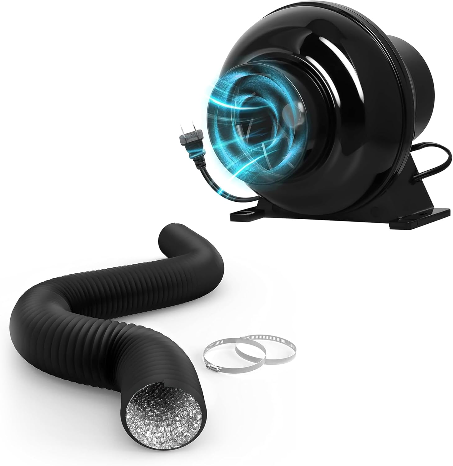 Simple Deluxe 4 Inch 195 CFM Ventilation System Fan, 8 FT Flex Air Aluminum Foil PVC Ducting with 2 Clamps for HVAC Heating Cooling