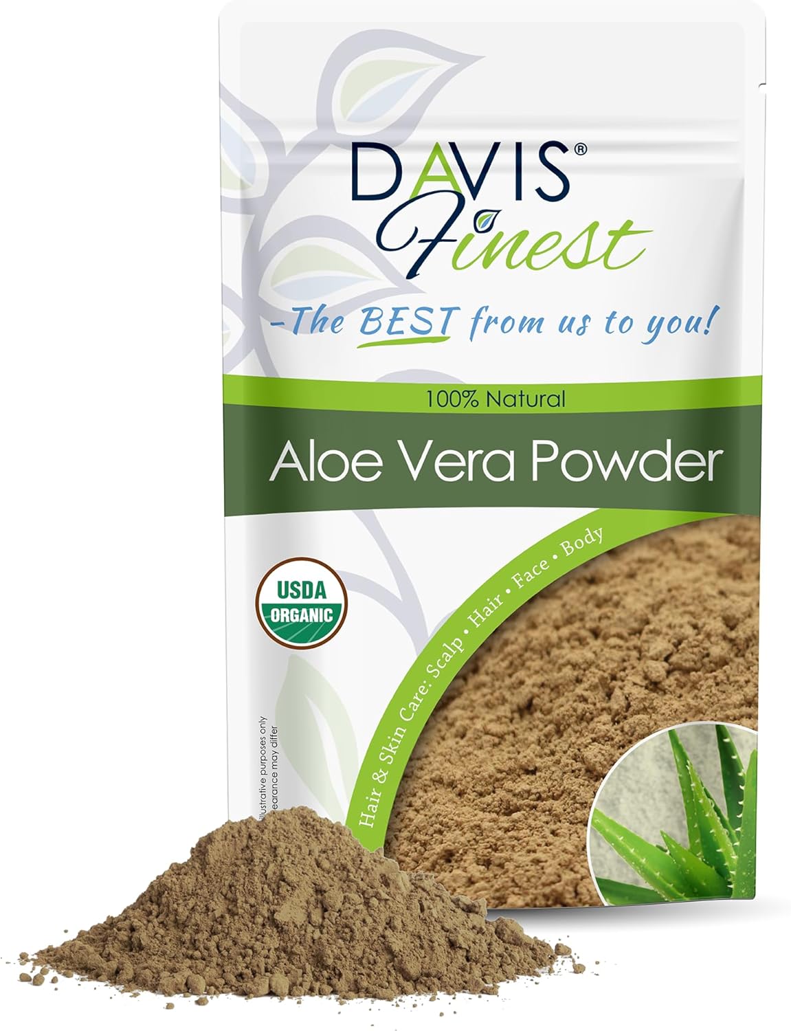 Davis Finest Organic Aloe Vera Powder 100g, Pure Natural Aloe Vera Leaf Plant Ayurvedic Smooth Skin Brightening Facial Mask Face Pack Hydrates Dry Skin Face Body Soften Smoothing Hair Conditioner