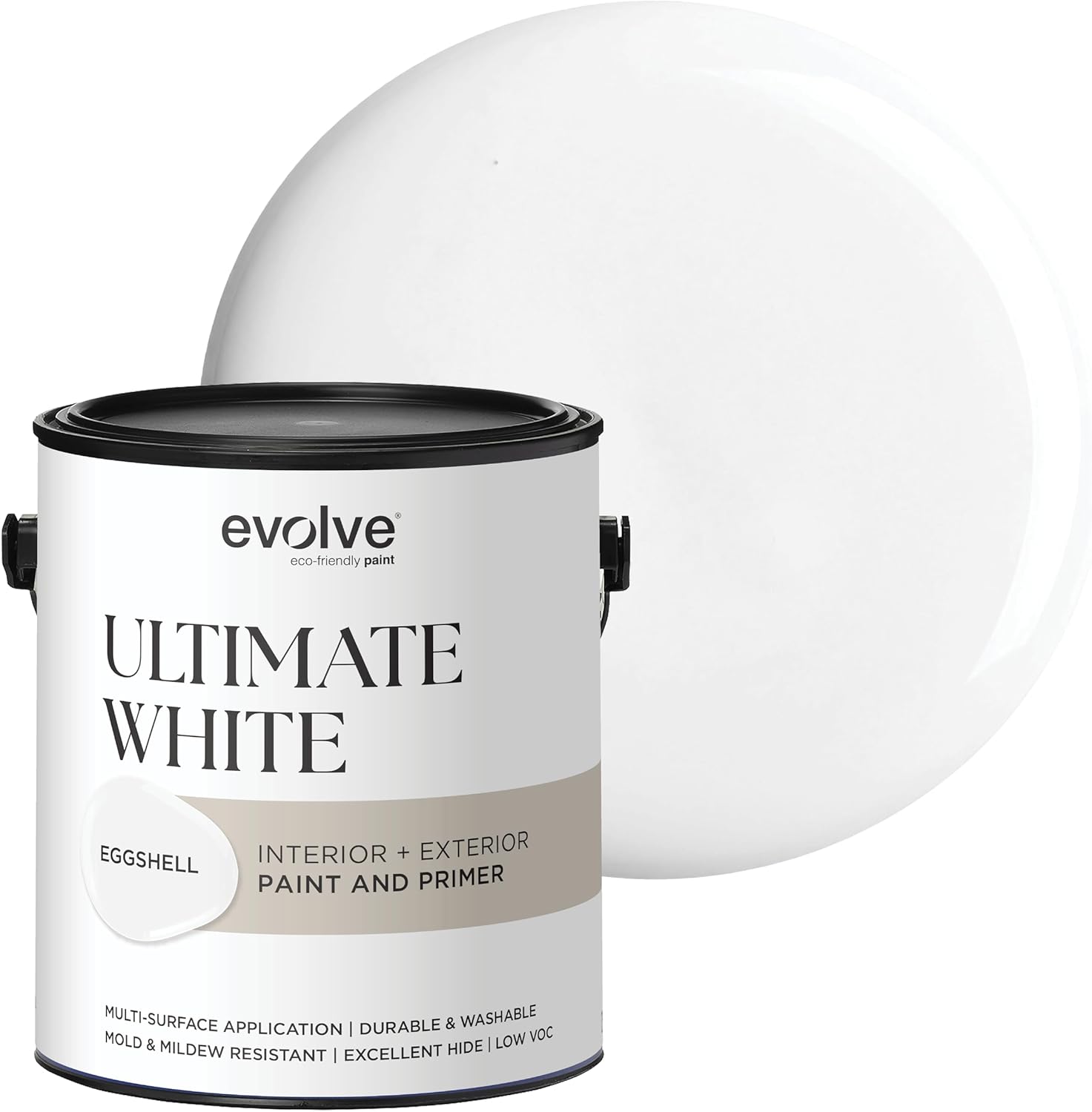 Ultimate White Paint & Primer in One, Eggshell White, 1 Gallon – Interior & Exterior, One-Coat Coverage, Excellent Hide, Low Odor, Low VOC, Washable Paint for Walls, Ceilings & Trim