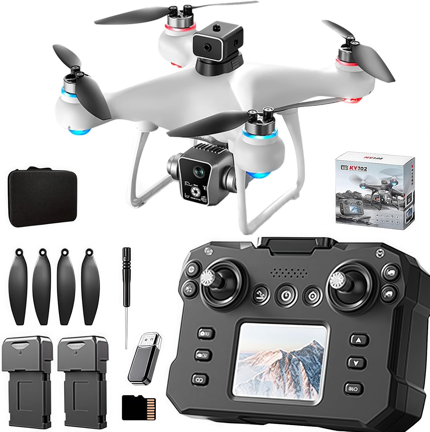 KY102 Drone with Screen Controller with SD card, Brushless Motor, Optical Flow Localization, Active Obstacle Avoidance, 2 batteries, One Key Take Off/Landing. (2 batteries - White)