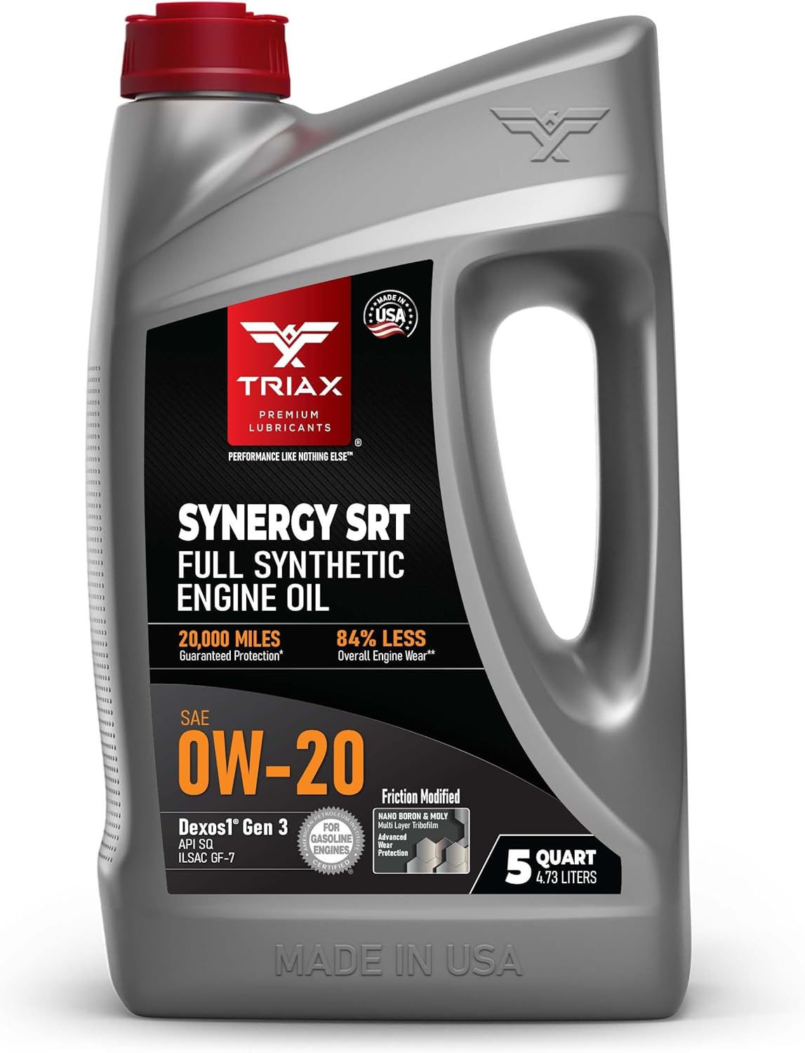 TRIAX Synergy SRT 0W-20 - Full Synthetic, Friction Modified Engine Oil - 20K Miles, API SP Licensed, 3x Wear Protection - Nano Boron and Moly Friction Modified (5 Quart)