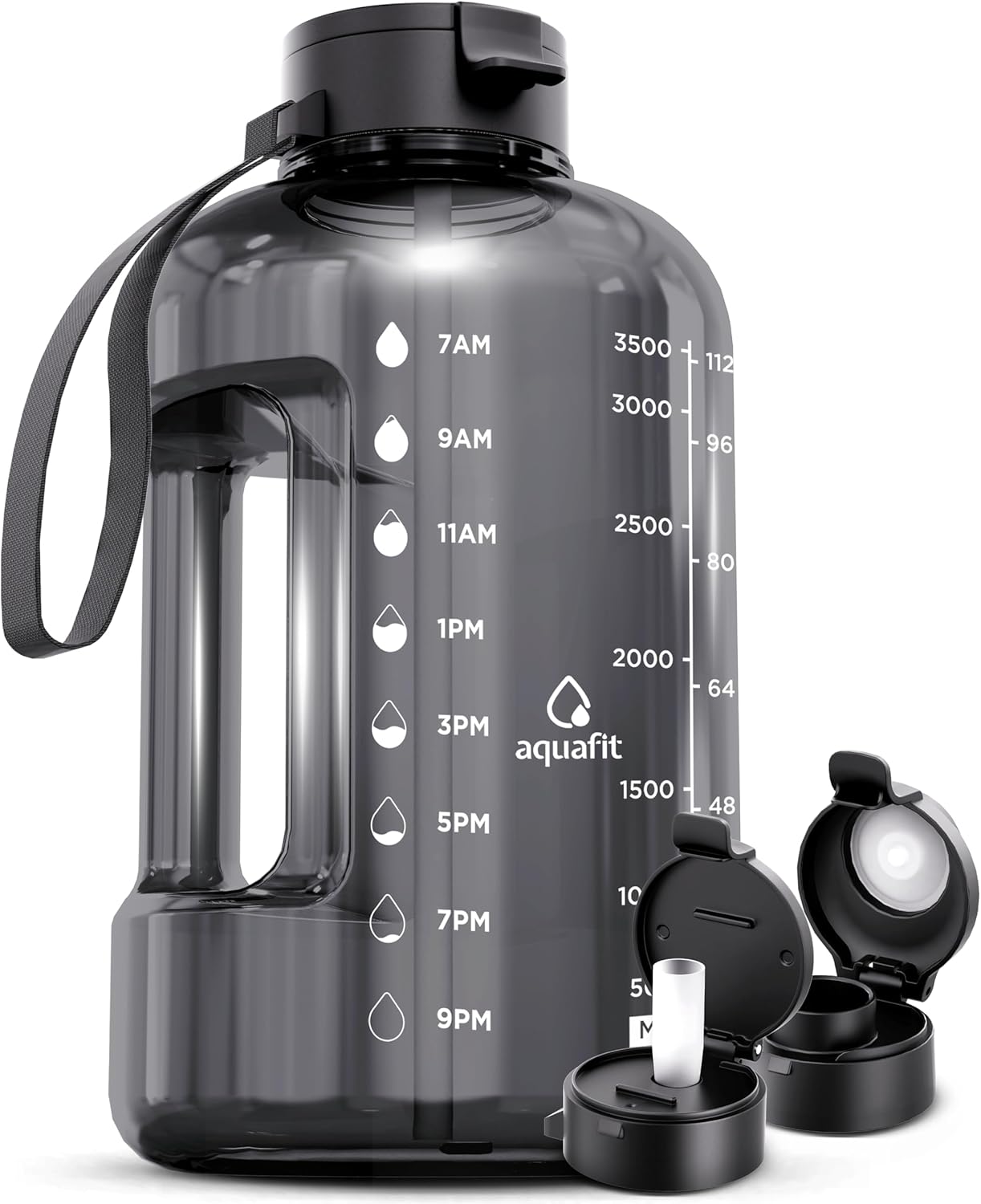 AQUAFIT 1 Gallon Water Bottle with Time Marker - Straw & Chug Lid - BPA Free Gym Water Bottle with Straw - Big Gallon Jug (Gray, 128 oz - 2 Lids)