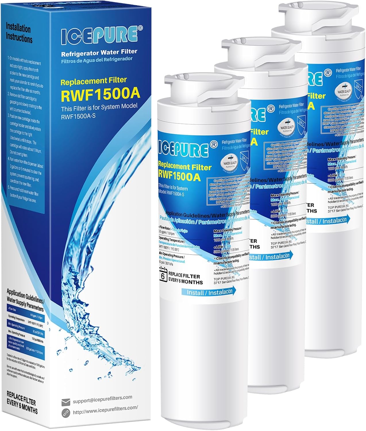 ICEPURE MSWF Refrigerator Water Filter Compatible with GE® MSWF, SmartWater 101820A, 101821B, RWF1500A 3 PACK