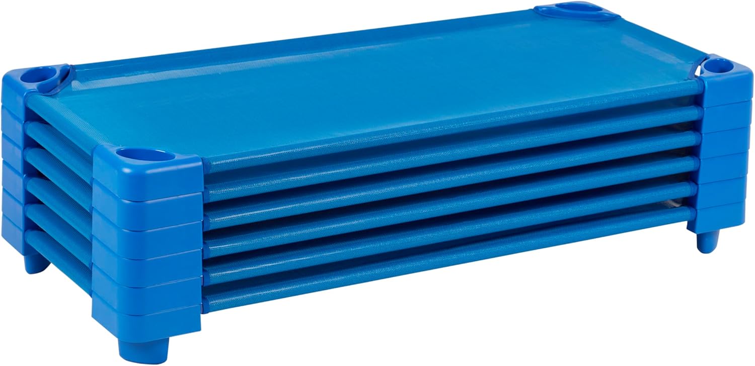 ECR4Kids Stackable Kiddie Cot, Ready-to-Assemble, Standard Size, Classroom Furniture, Blue, 6-Pack