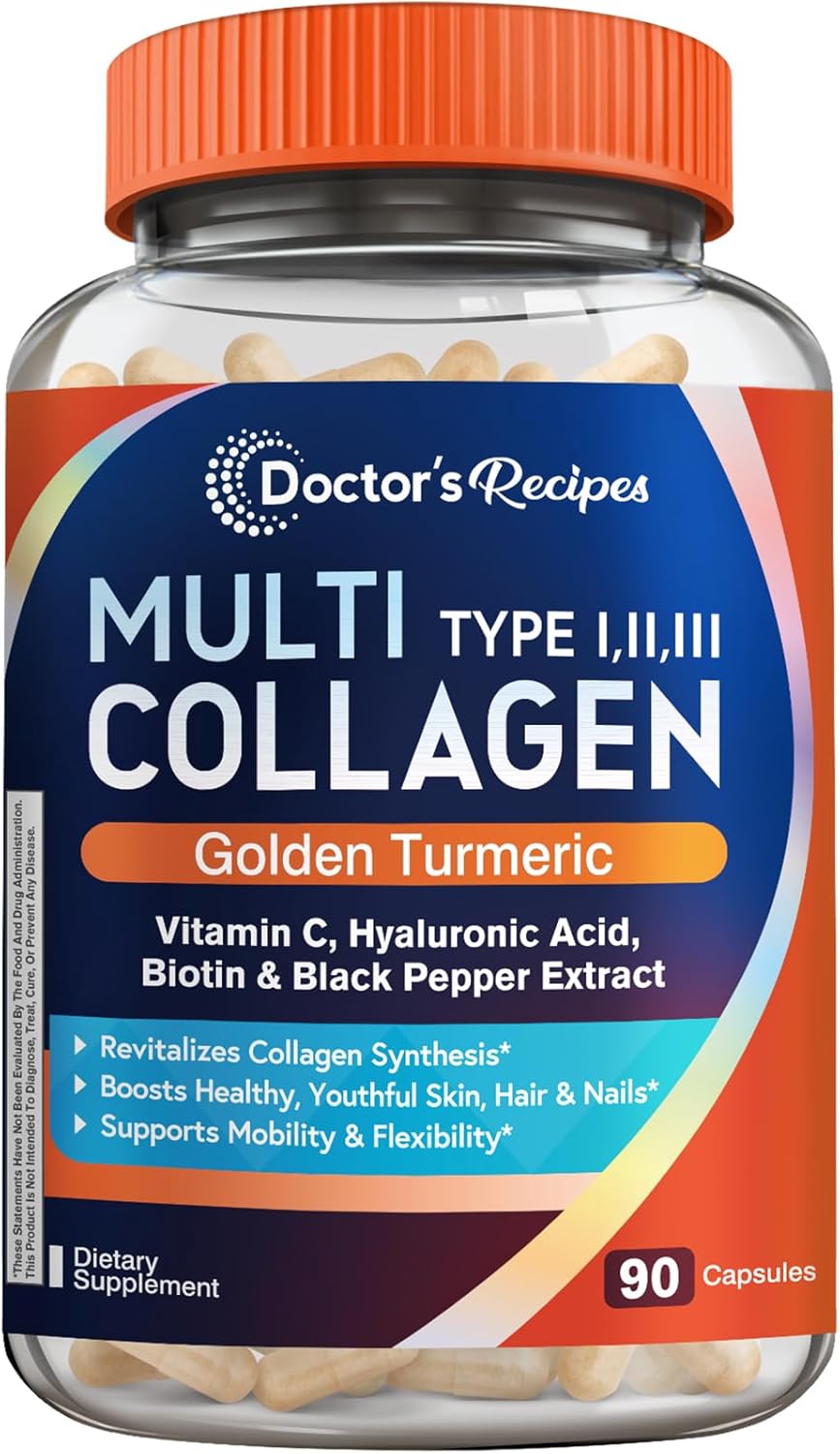 Doctor's Recipes Multi Collagen Peptides with Golden Turmeric, Vitamin C, Biotin, Hyaluronic Acid & Black Pepper, Collagen Supplements for Skin, Hair, Nail, Collagen for Women and Men, 90 Caps