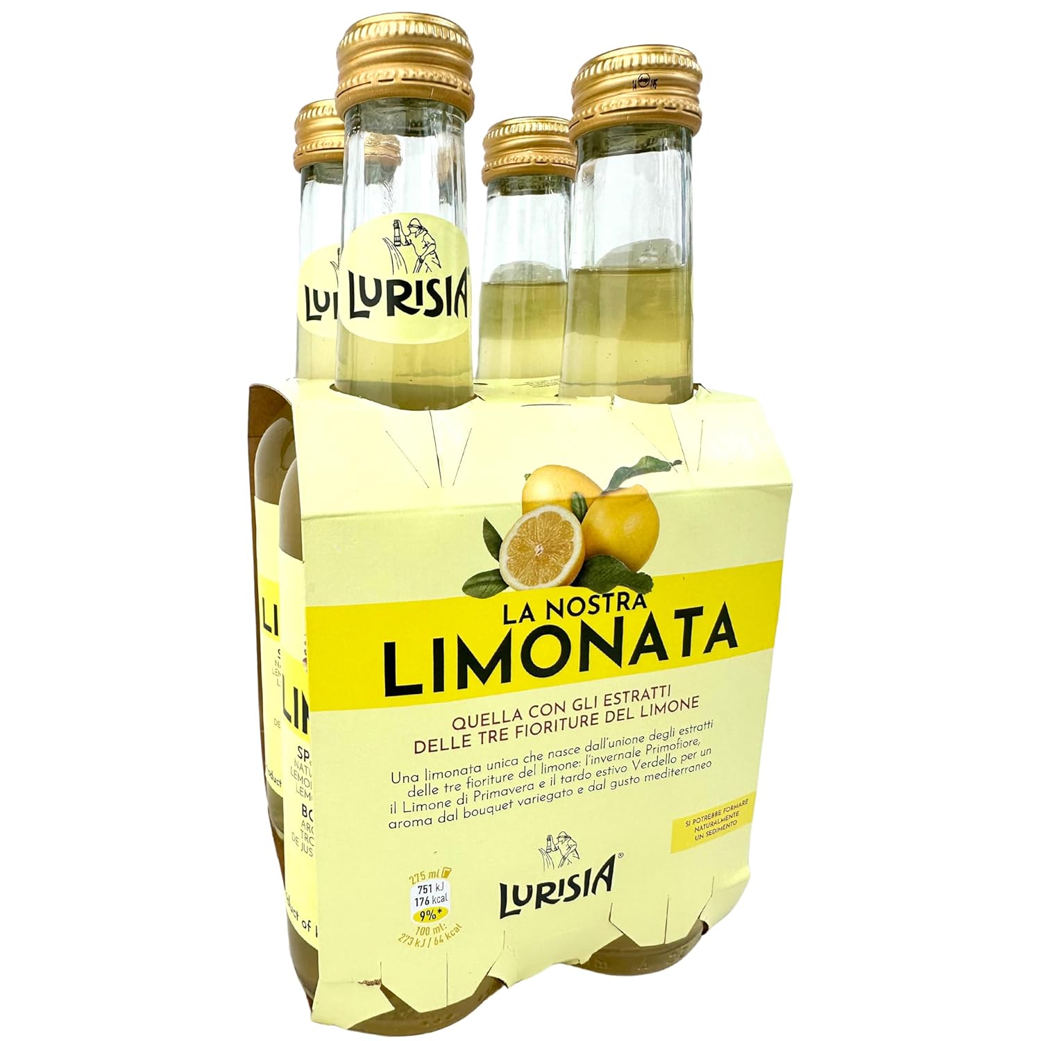 Lurisia Limonata Lemon Soda 4 x 9.3 Fl Oz (275ml) Italian Soda - Sparkling Lemonade Bottles - Citrus Lemon Soft Drink - Limonata from Italy - Carbonated Fruit Juice Beverage