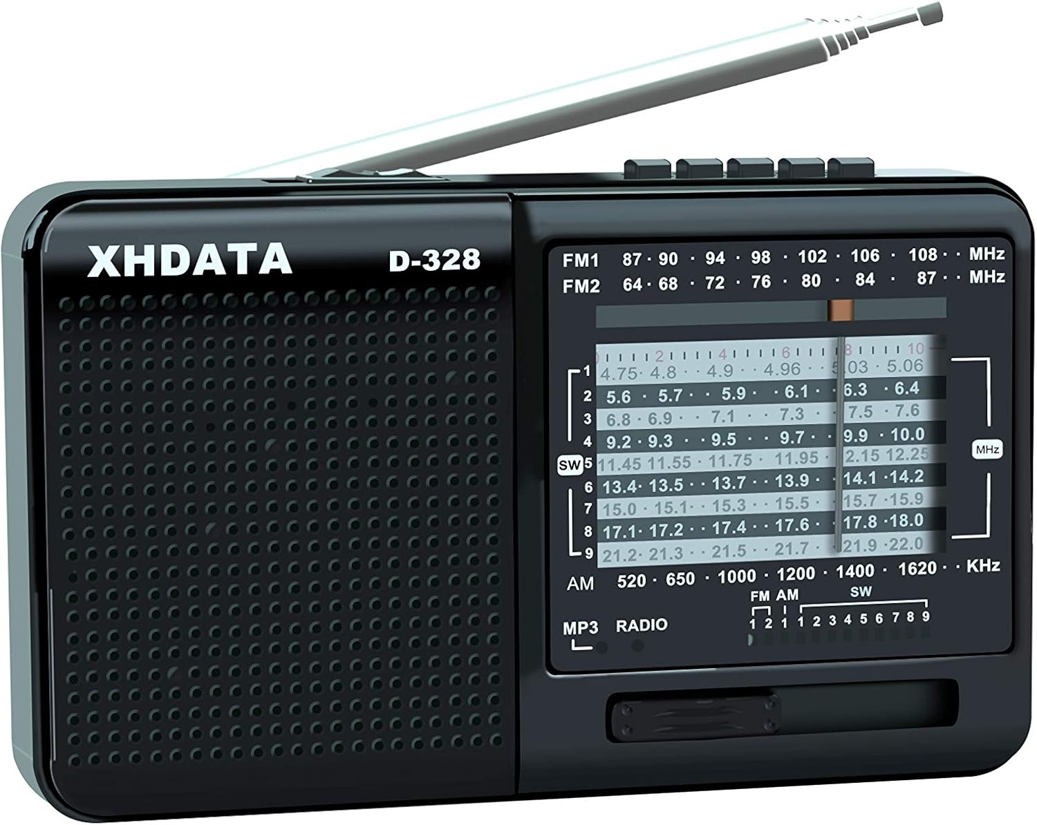 XHDATA D-328 Radio Portable FM AM SW Support TF Card MP3 Pocket Radio with Rechargeable Battery Black