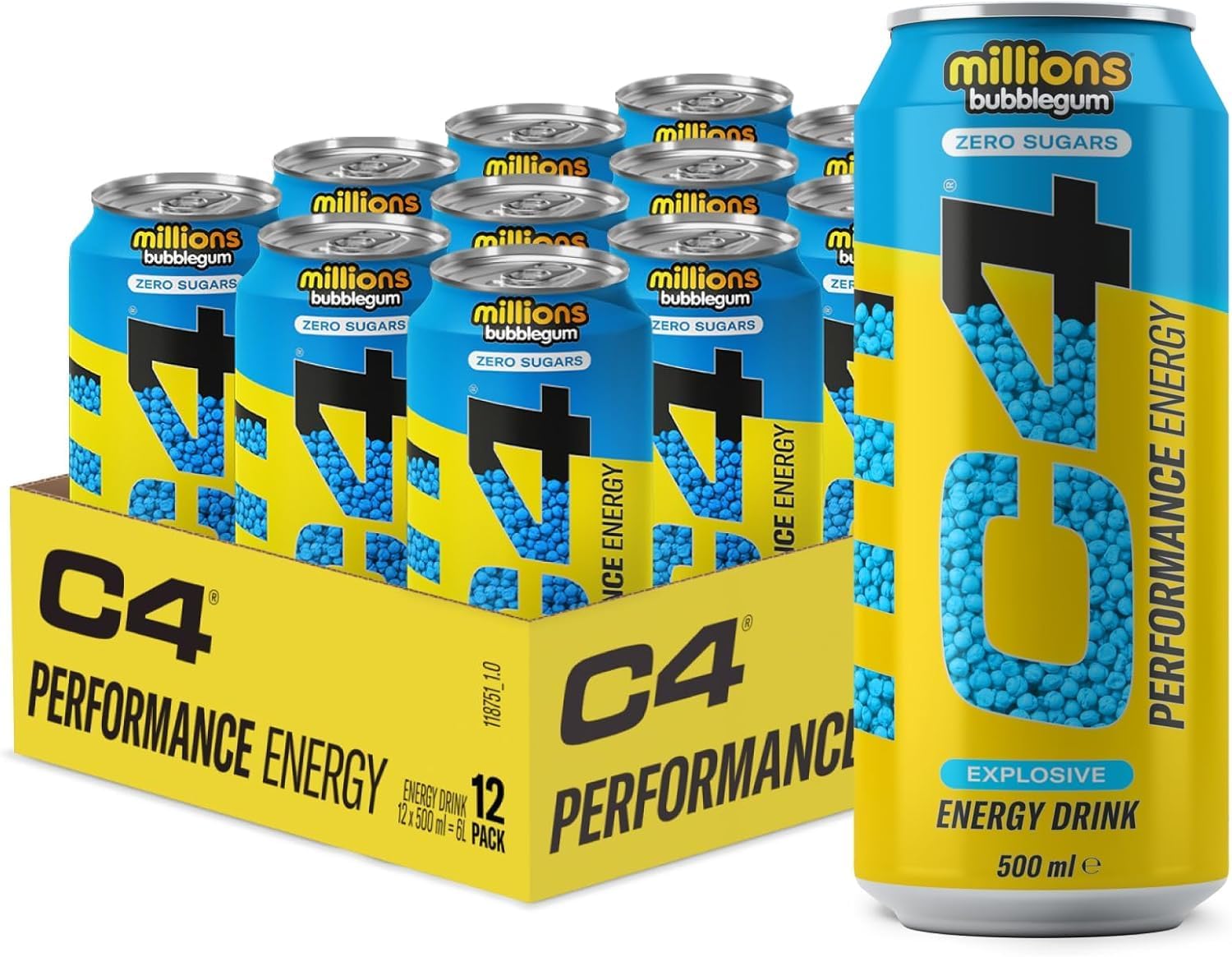 C4 Performance Energy Drink, Bubblegum Flavour, 500ml, Pack of 12