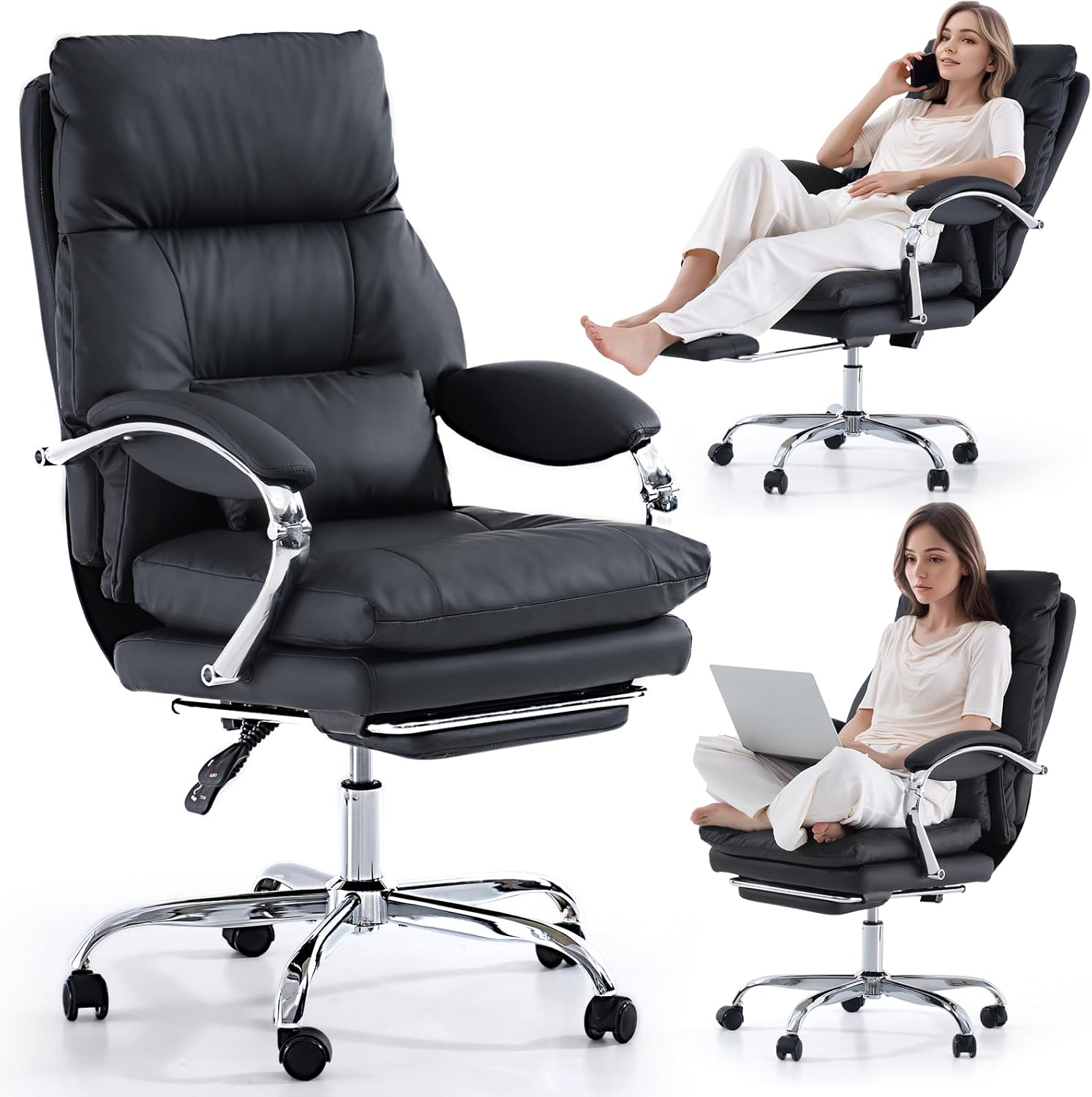 LEAGOO Home Office Desk Chairs with Foot Rest, Fully Reclining Ergonomic Executive Office Chair with Armrests, High Back PU Leather Comfy Swivel Computer Chair with Wheels and Lumbar Support, Black