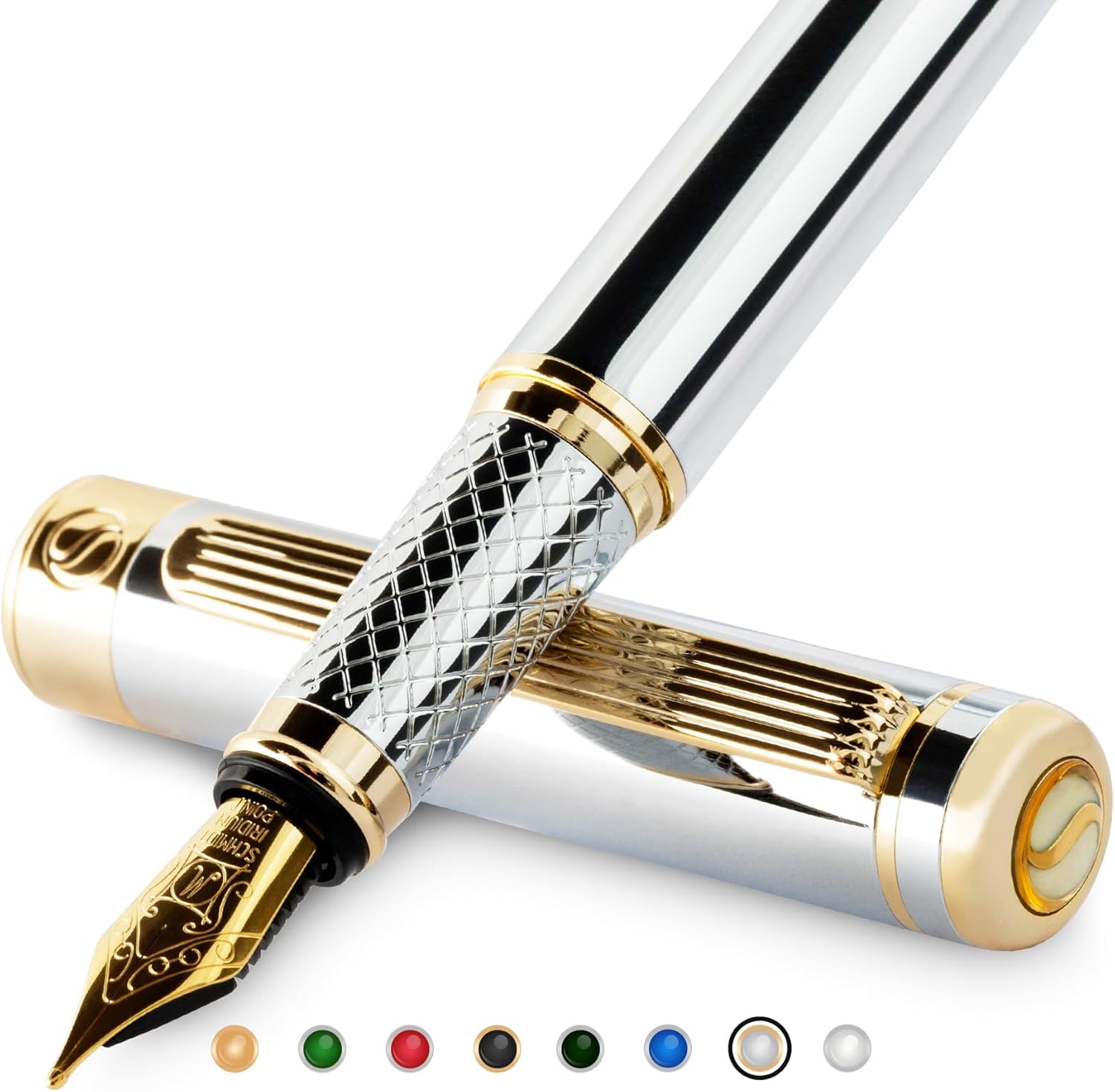 Scriveiner Silver Chrome Fountain Pen - Stunning Luxury Pen, Real Gold Finish Schmidt Gilded Nib (Medium), Best Pen Gift Set for Men & Women, Professional, Executive Office, Nice Pens