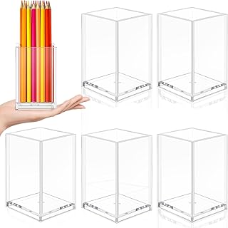 6 Pieces Clear Acrylic Pen Holder Makeup Brush Holder Desktop Holder Desk Goth Accessories Square Stationery Organizer, Transparent Pencil Holder Acrylic for Home Office School