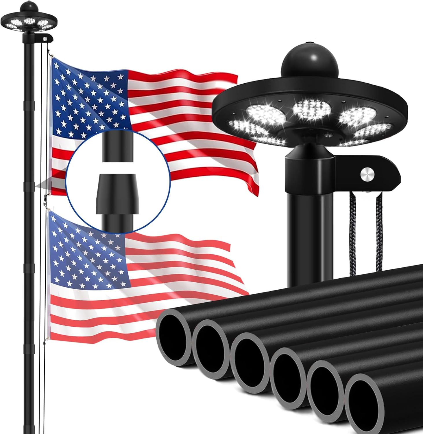 25FT 12 Gauge Heavy Duty Flag Pole Kit with Solar Light,Ground Flag Pole for Outside House Extra Thick Flagpoles Suitable for Yard and Garden,136 Led Light & 3x5 American Flag,Black