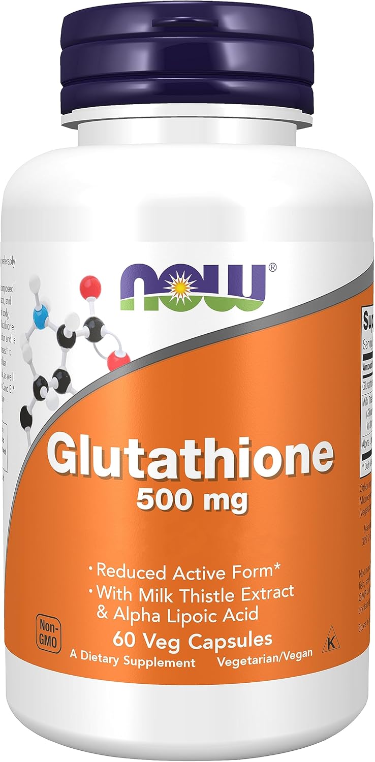 Now Foods, Glutathione, 500mg, 60 Vegan Capsules, Highly Dosed, Gluten Free, SOYA Free, Vegetarian, Glutathione Supplement, with ALA (Alpha Lipoic Acid) and Milk Thistle Extract