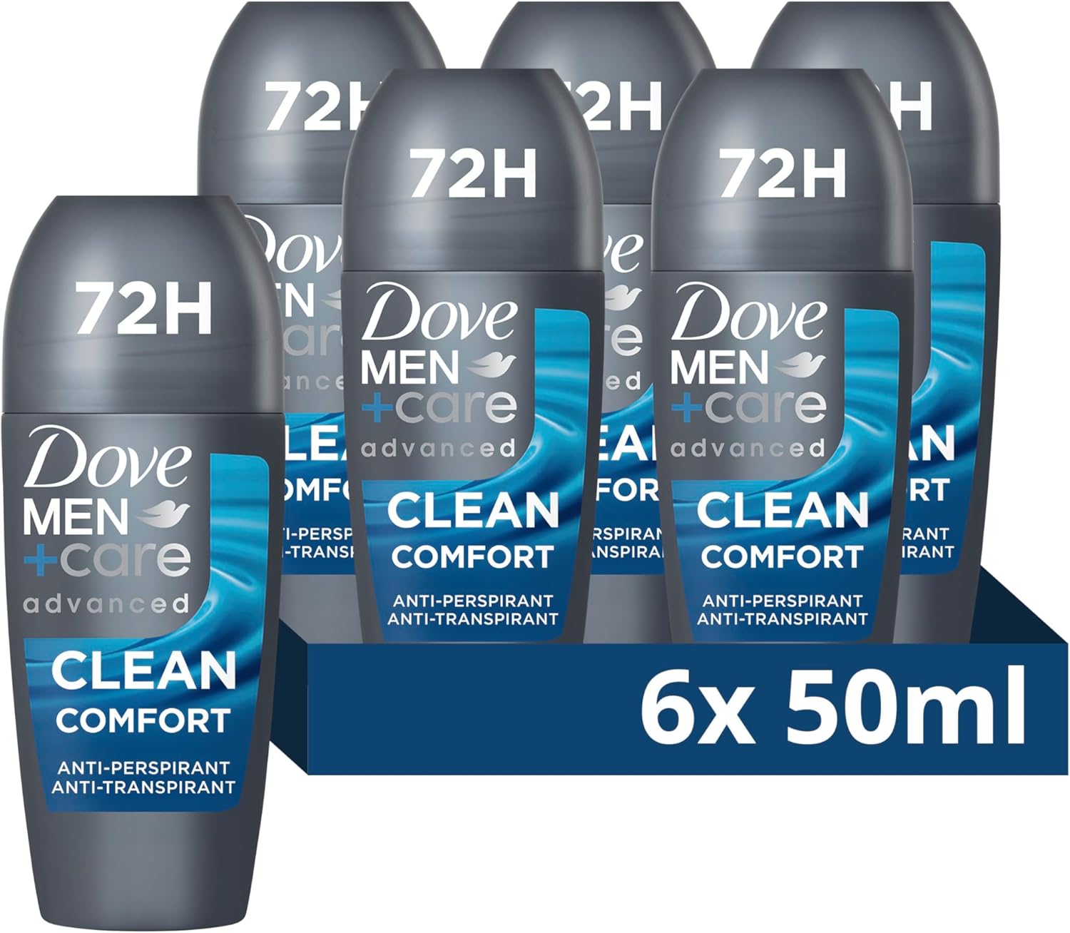Dove Men+Care Advanced Clean Comfort Anti-Perspirant Roll On Deodorant with Anti-Odour technology & ¼ moisturising cream for 72 hour protection against sweat and odour 6x 50 ml