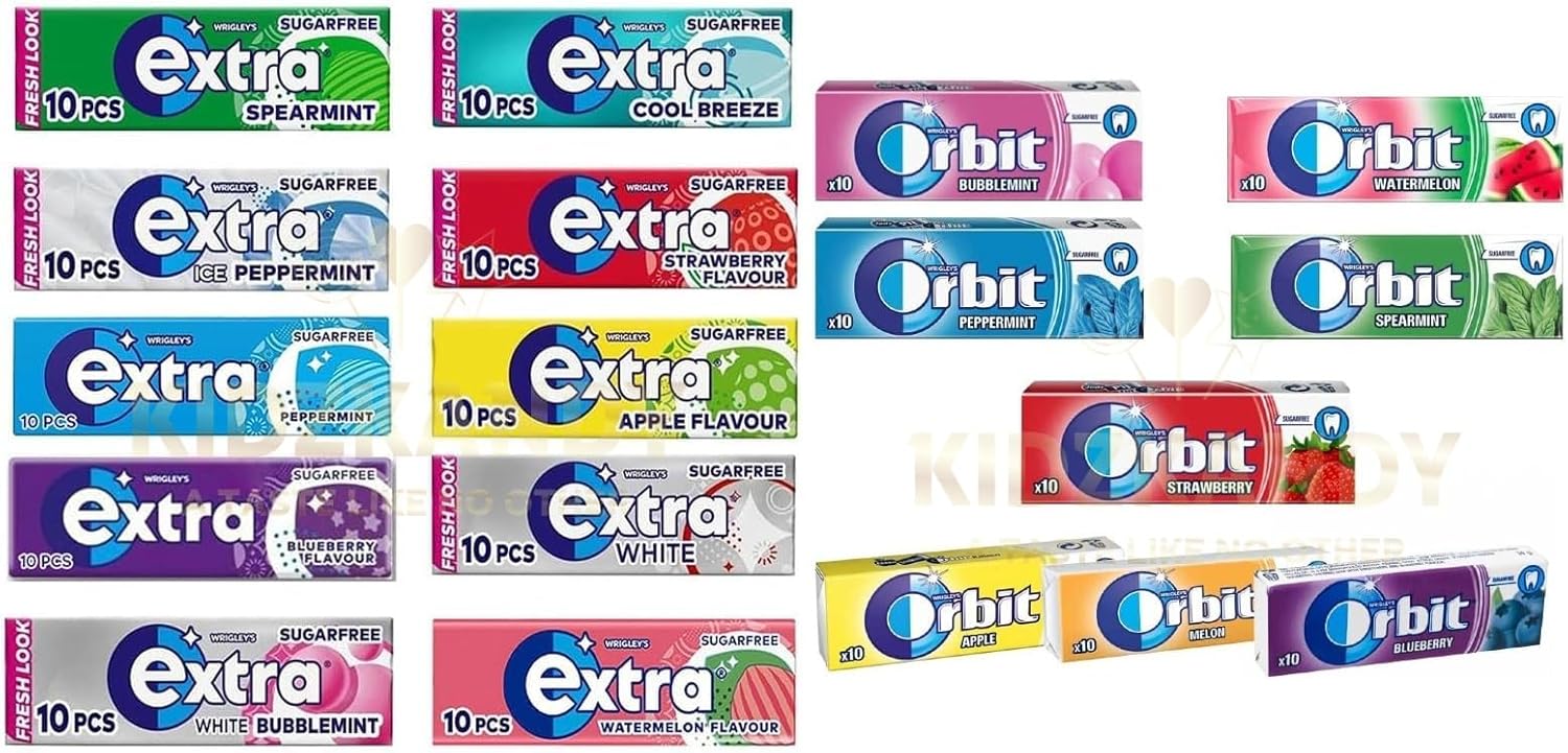 Extra/Orbit Chewing Gum 10 x Sugar-Free Selection Fresh Bulk box All Mix Flavours - Peppermint, Watermelon, Strawberry, Ice, Apple, White, Cool Breeze, Bubblemint, Blueberry, Spearmint Etc Various