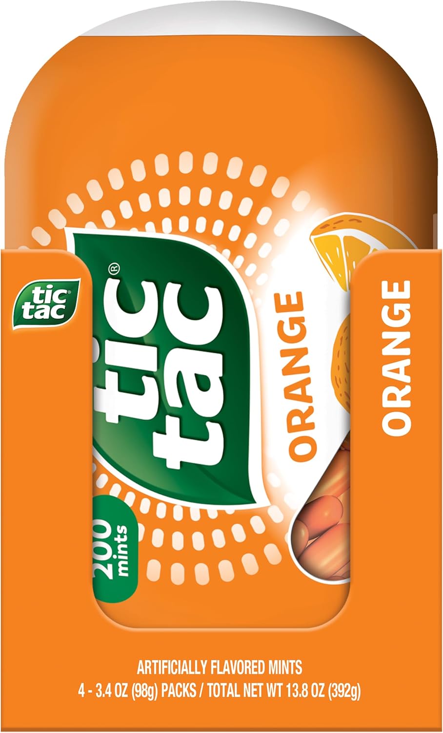 Tic Tac Orange Flavored Mints, 4 Bottle Packs, On-The-Go Refreshment, 3.4 oz Each