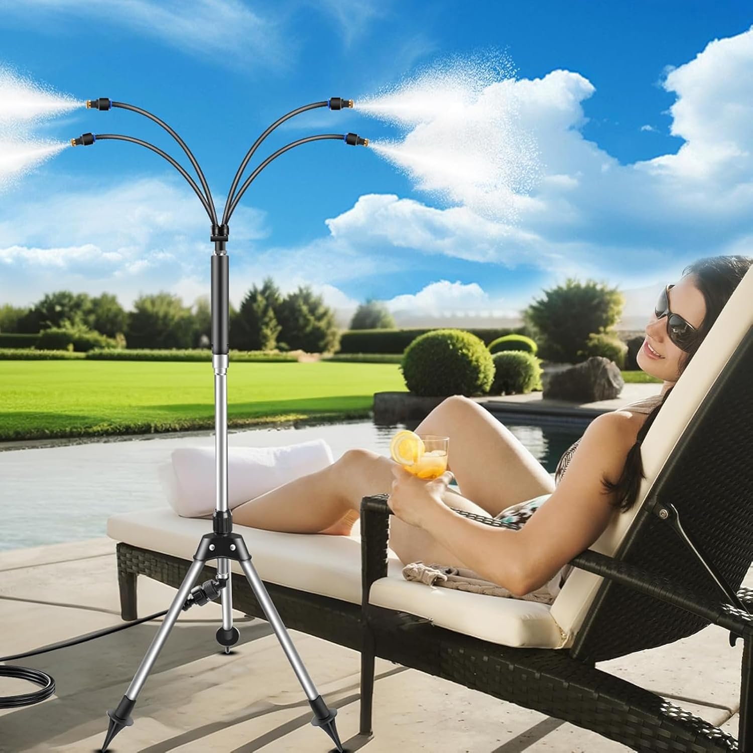 YIHANGG Standing Misters for Outside Patio, Adjustable Height Portable Misting System with 4 Flexible Spray Tubes Tripod Base for Outdoor Cooling Camping, Pool