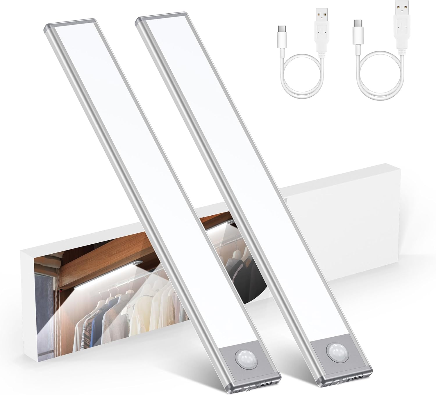 Coolblus LED Closet Lights Motion Sensored, Cabinet Lights, Rechargeable Closet Light, Wireless Under Counter Closet Lights, 48 LED Lights for Room, Kitchen (2 Packs)