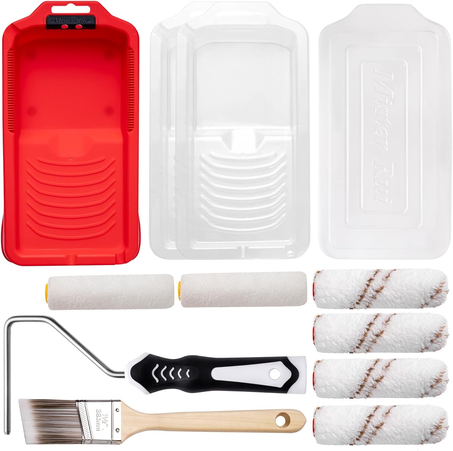Mister Rui 4 Inch Paint Roller Kit, 12-Piece Professional Tray Set with 6 Microfiber Sleeves, Liner & Cover, Handle, 1.5" Angled Brush - for Walls, Ceilings, Cabinets, DIY & Pro Painting