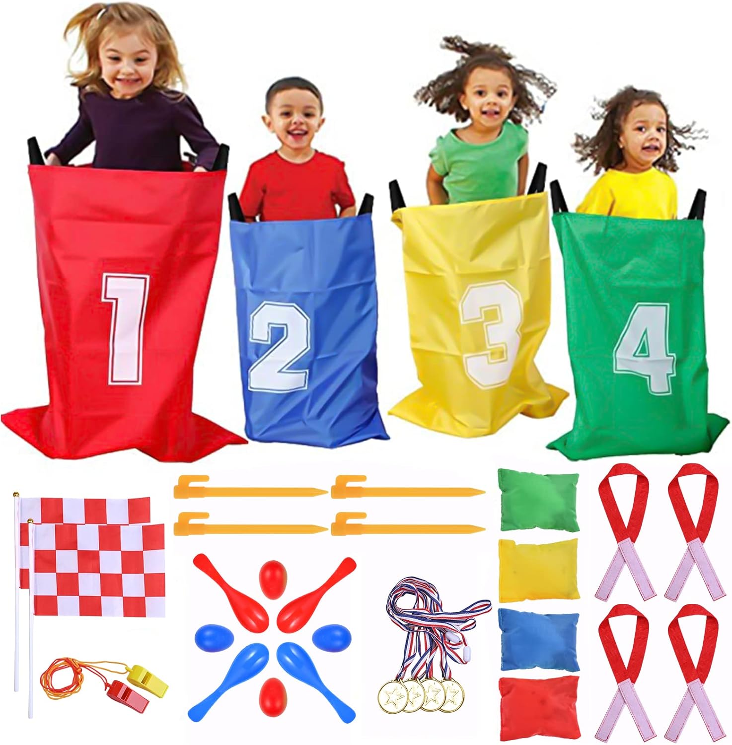GOLDGE 32 Pcs Sports Day Kit, Sack Race Set Bean Bag Toss Fun Outdoor Garden Family Game for Adults And Kids, Includes 4 Coloured Sack, 4 Eggs, 4 Spoons, 4 Bean Bags, 2 Whistles and other