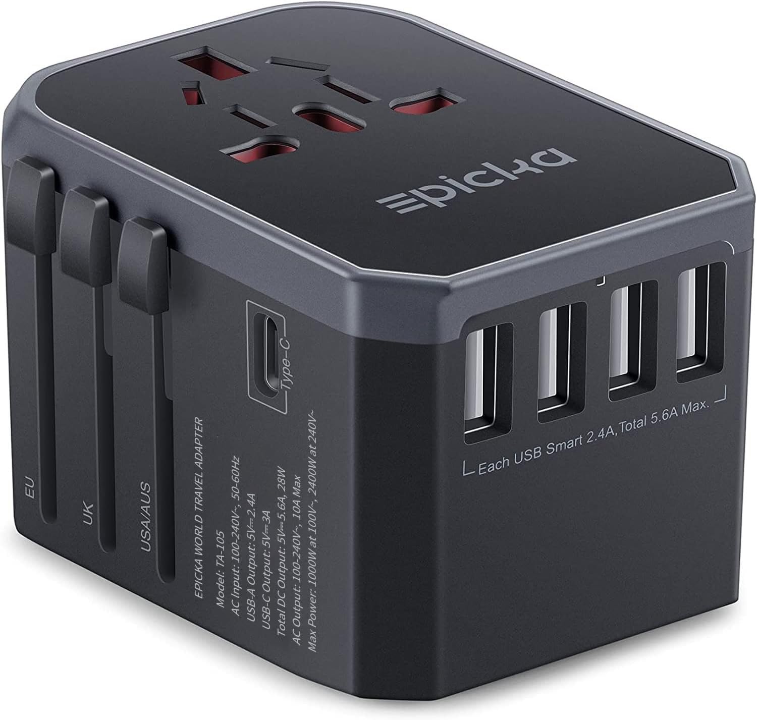 EPICKA Universal Travel Adapter, European Travel Plug Adapter - International Power Adapter Worldwide Charger with USB-C & 4 USB-A Ports, Travel Essentials for Italy, Japan, Europe, UK (TA-105, Grey)
