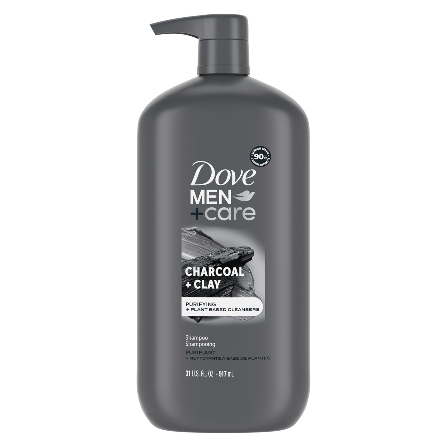 DOVE MEN + CARE Charcoal Pump Purifying Shampoo Charcoal + Clay for Stronger, More Resilient Hair, with Plant-Based Cleansers, 31 oz
