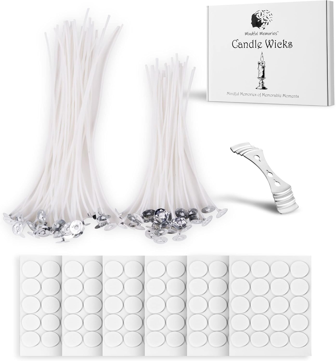 Mindful Memories Candle Wicks 60 Pcs (10cm, 15cm) with 1 Candle Wick Holder & 60 Glue Stickers, Long Lasting Pre-Waxed & Tabbed Cotton Threads with No Black Smoke for Making Candles