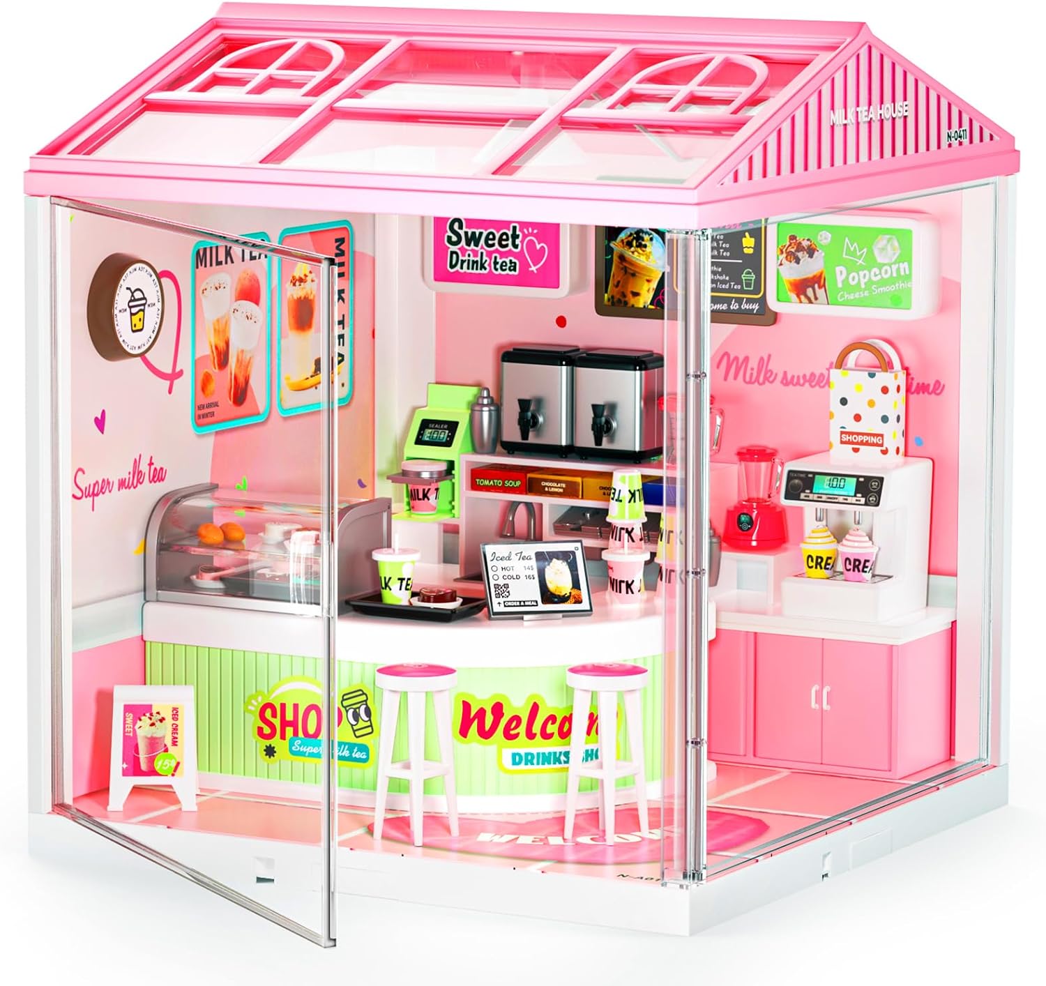 Larger DIY Miniature House Kit, Miniature Dollhouse Kit with Roof & 2 Doors for Adults to Build, Mini House Building Kit with LED, Halloween/Christmas Decorations/Gifts for Teens(Milk Tea Shop)