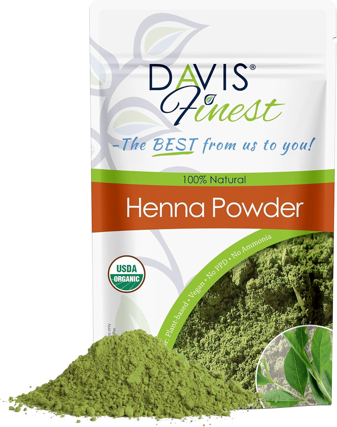 Davis Finest Organic Pure Natural Henna Powder 100g, PPD-Free Hair Dye, Natural Hair Colour, No Chemicals, Vegan