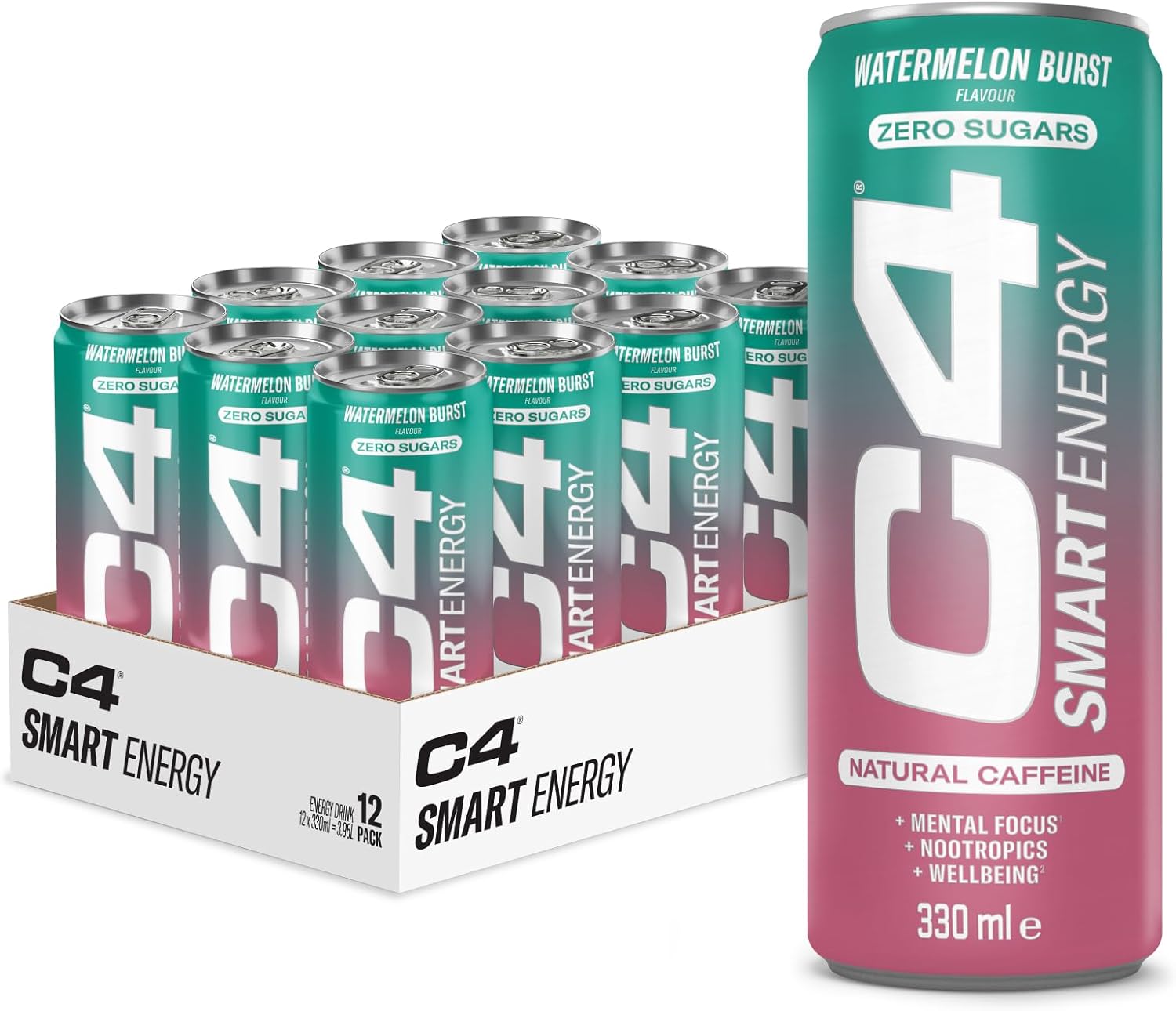 C4 Smart Energy Drinks Watermelon Burst 330ml (12 pack) | Sugar Free Energy Drink with 106mg Natural Caffeine, Brainberry, Nootropics, Vitamin C | Natural Energy Drink for Mental Focus On the Go