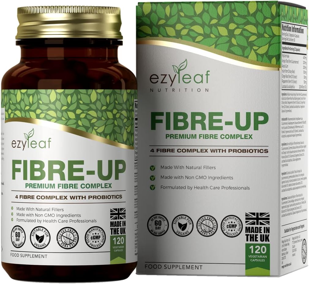 Ezyleaf Fibre-UP Glucomannan Capsules Konjac Fibre Capsules + Inulin, Psyllium Husk, Acidophilus Probiotic, Acacia Fibre Prebiotics Diet | 120 Vcaps | UK ISO Certified, Non-GMO, Vegan, Allergen Free
