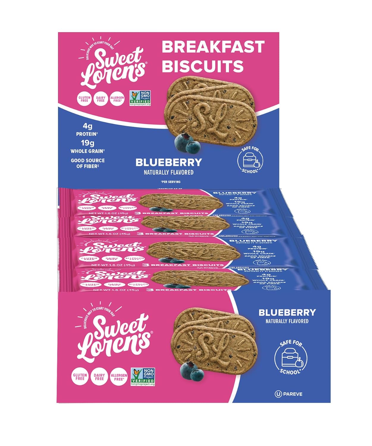 Sweet Loren's Vegan Breakfast Biscuits | Blueberry | 4g Protein, 19g Whole Grains | Plant Based, Gluten Free, Dairy Free, Nut Free Snacks | Grab & Go 8 Pack (24 Total Biscuits, 1.6 ounce each)