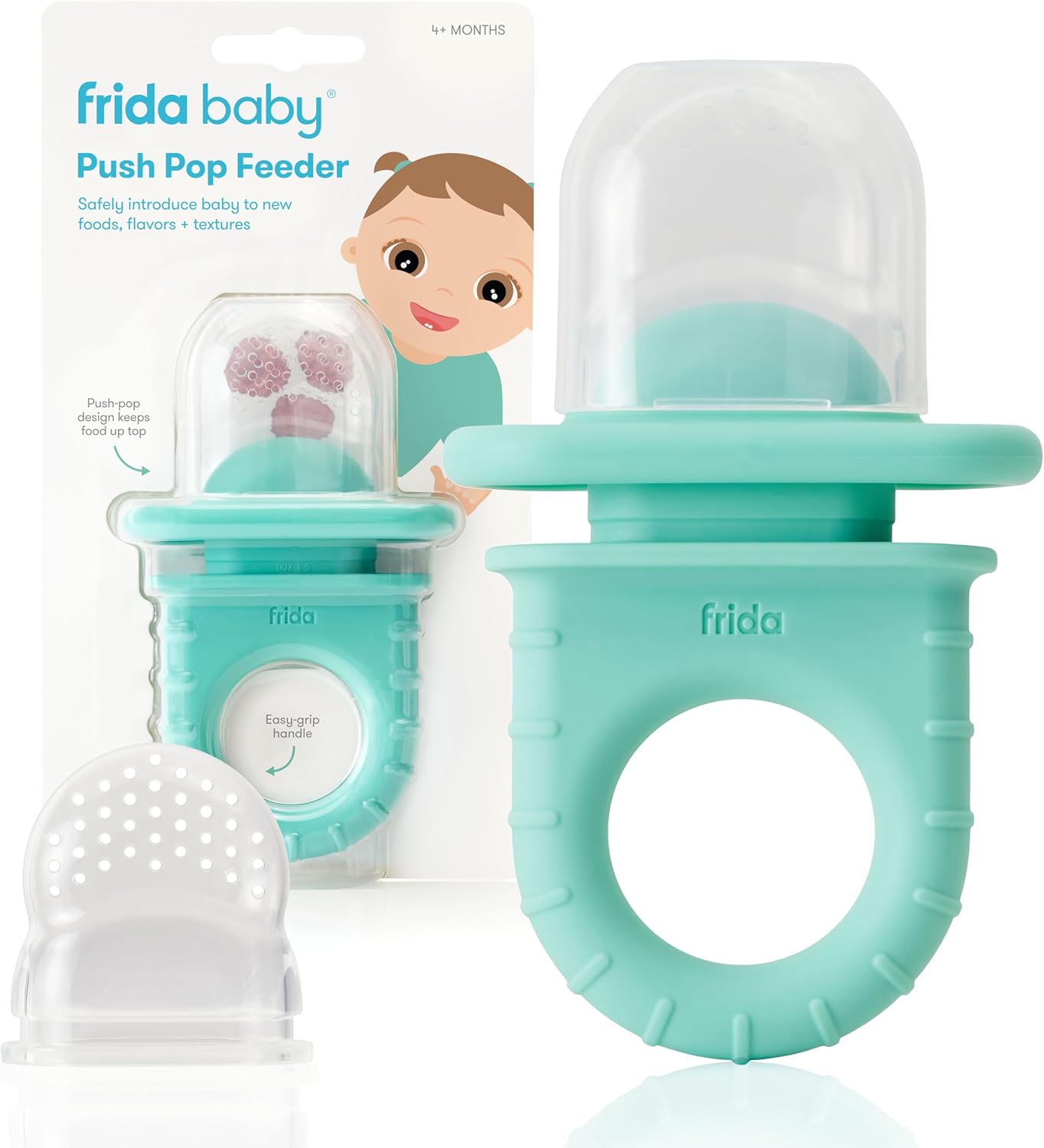 Frida Baby Push Pop Feeder: Baby Fruit Food Feeder to Safely Introduce New Foods, Fresh + Frozen Food Silicone Feeder for Babies, Baby Stocking Stuffers, BPA Free, Dishwasher Safe - 1 Count, Teal