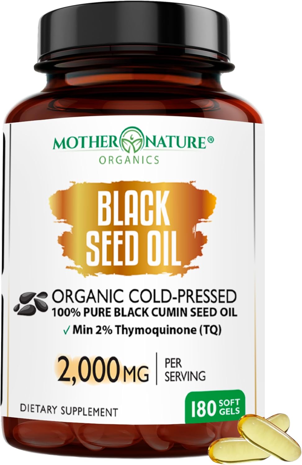 Mother Nature - Organic Black Seed Oil Capsules, Cold Pressed, 2% TQ, 100% Turkish-Black Cumin Nigella, Sativa Oil-3 Month Supply for Immune Support, Joint, Digestive Health,1000mg per Capsule, 180ct