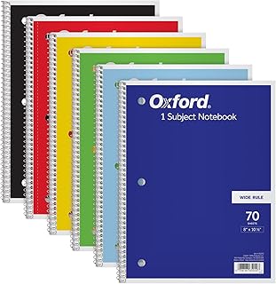 Oxford Spiral Notebook 6 Pack, Bulk Wide Ruled Spiral Notebooks for School, 1 Subject Journal, Wide Ruled Paper, 8 x 10-1/2 Inch, Blue, Yellow, Red, Light Blue, Green and Black, 70 Sheets (65010)