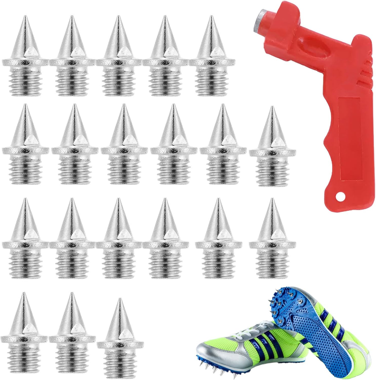20pcs 0.25in Stainless Steel Spikes for Running Shoes - 6mm with Spike Wrench & 1/4 Inch Replacement (Silver)