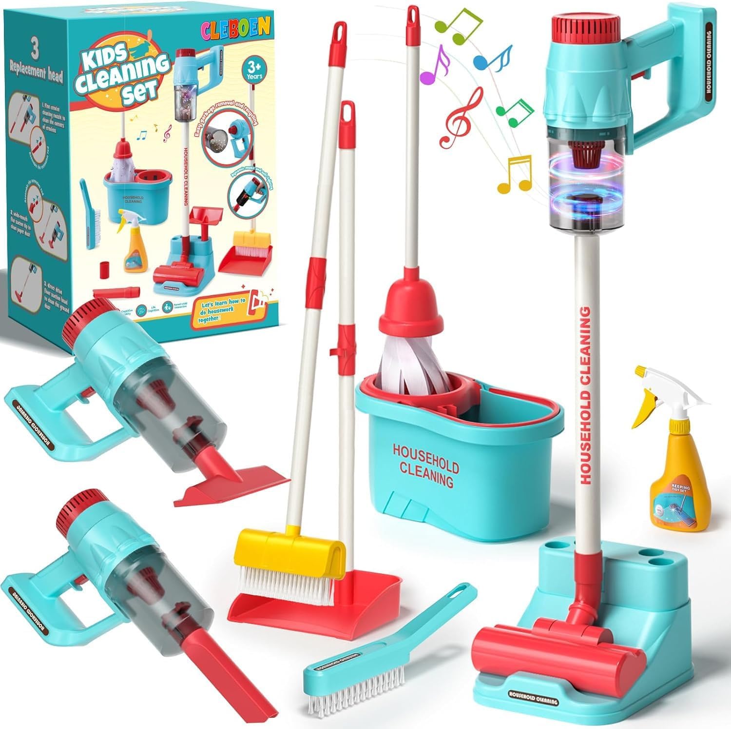 Kids Cleaning Toy Set for Toddlers with 3-in-1 Vacuum That Really Works, Mop & Broom Set & Pretend Play Household Cleaning Tools, Christmas Birthday Gift for Kids Toddlers Boys Girls Ages 3-5-8+