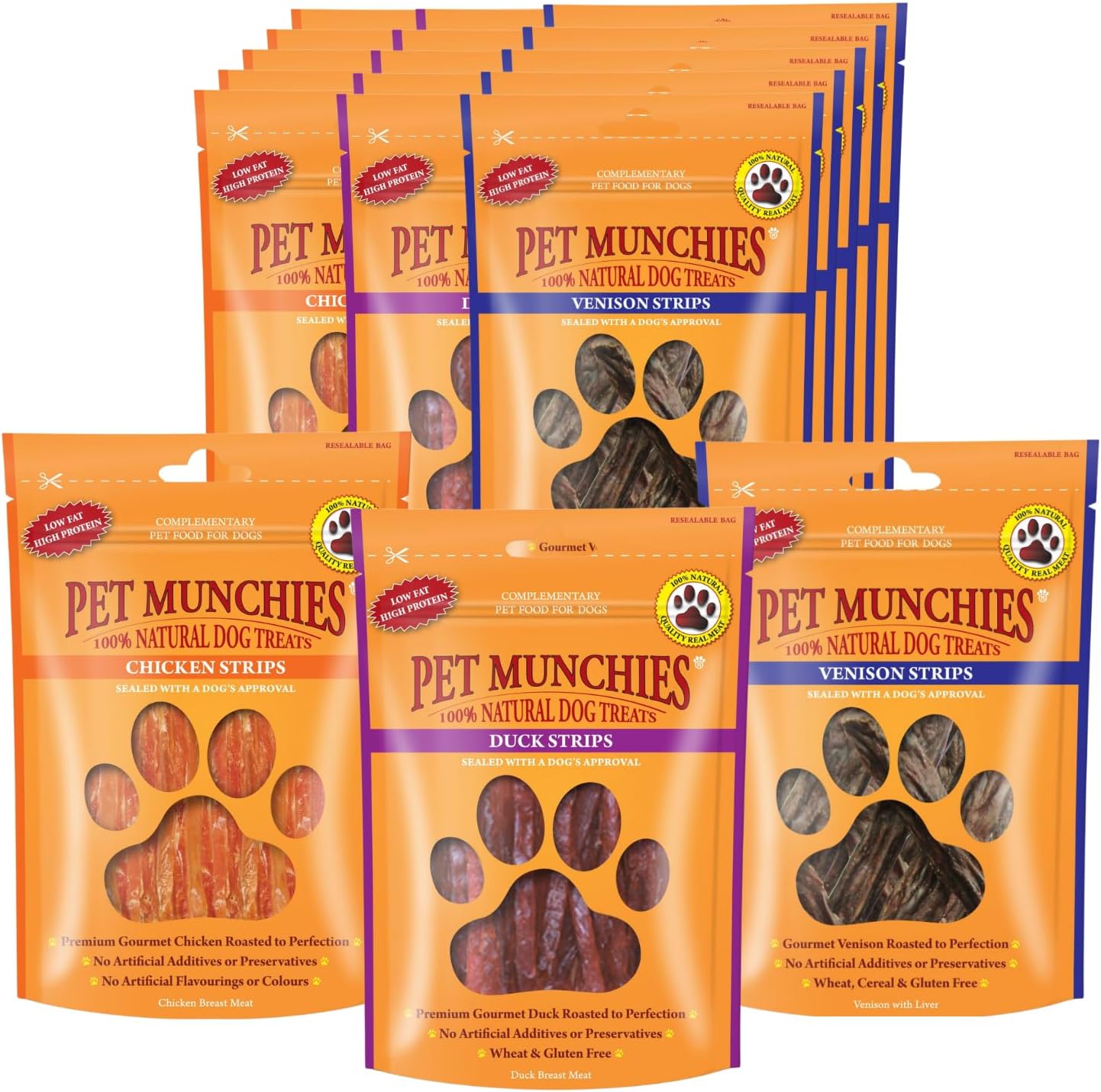 Pet Munchies Meaty Strips Bundle for Dogs, Multipack with Chicken, Venison, Duck Flavour, Natural Real Meat Dog Chew Treats, 18 Variety Bags, 255g