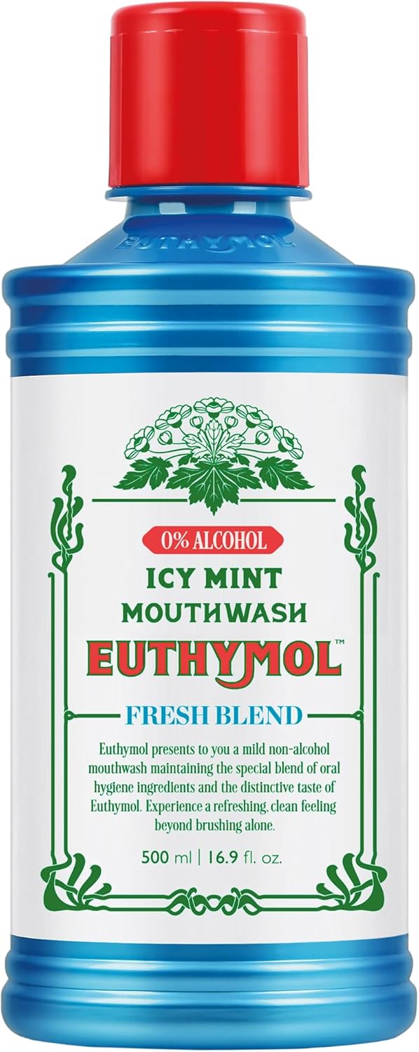 Euthymol Mouthwash ICY Mint 500ml, Contains Flouride, Alcohol-Free, Distinctive Strong Taste Flavour, Reduce Plaque Gingival Clean Healty Teeth Gums, Freshens Breath Refreshing Daily Oral Dental Care