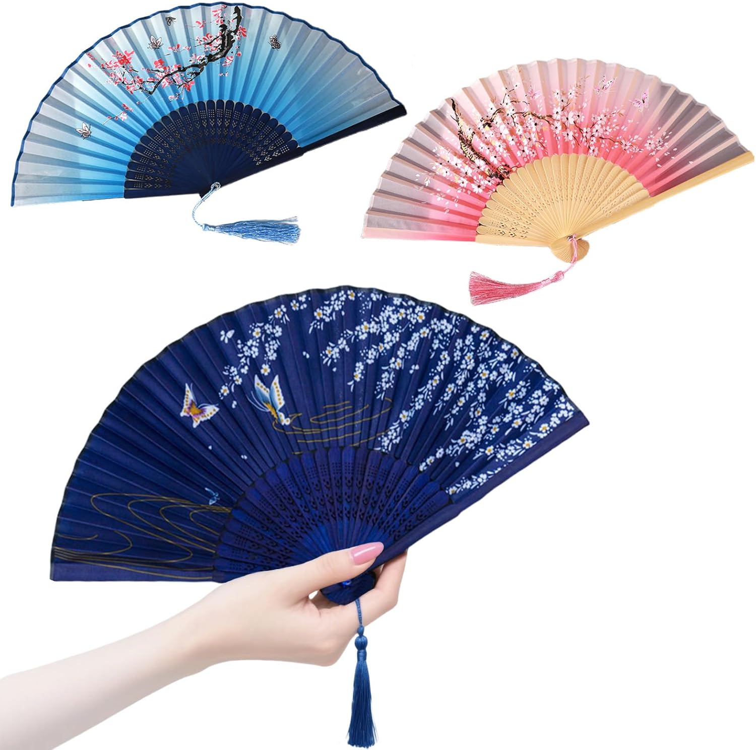 GWAWG 3 Pack Hand Fan Folding Set, Retro Chinese Style Foldable Fans with Carved Wooden Frame, Portable Paper Handheld Fans for Wedding Dance Party Outdoor Performance Travel Accessories Festival