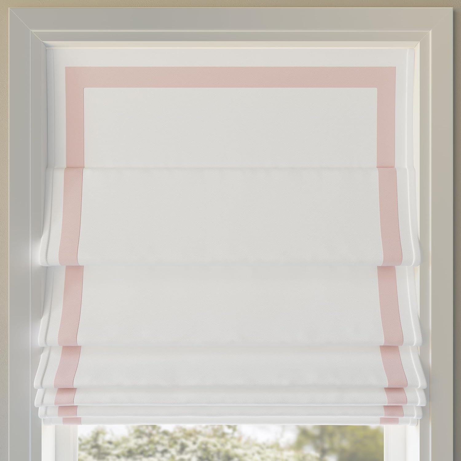 Sun Zero Marline Pink Ribbon Border Stripe 100% Blackout Cordless Roman Shade, 39" x 64", Pink/White